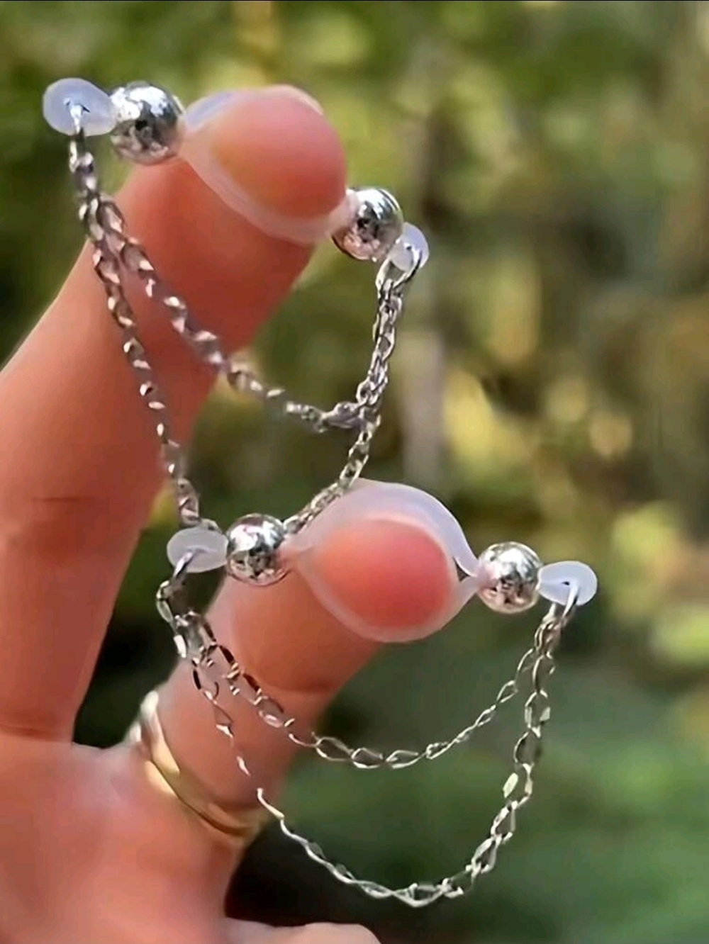 Clear Loop Silver-Tone Double Chain Nipple Rings - Picture 3 of 3